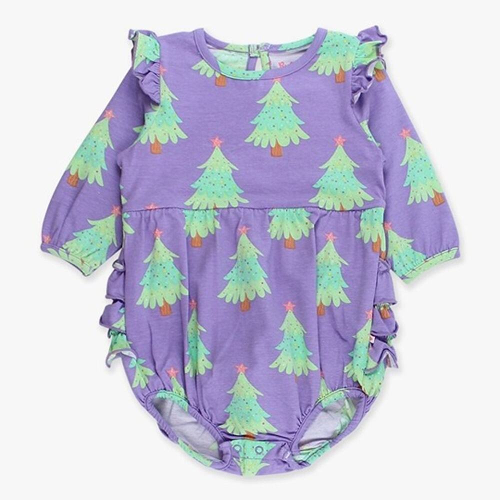 NWT 3-6M Girls Ruffle Butts LS Romper with Christmas Trees